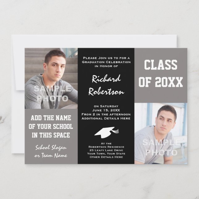 Elegant Grey and Black Young Man's Graduation Invitation (Front)