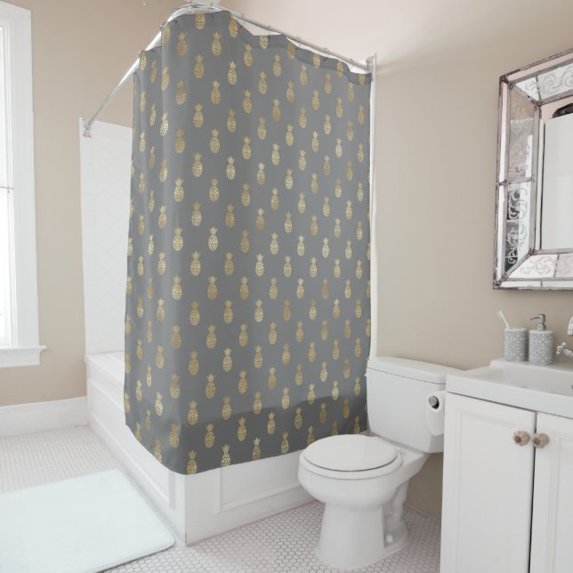 Elegant Grey and Gold Pineapple Pattern  Shower Curtain (In Situ)