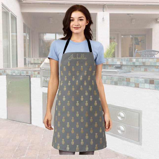 Elegant Grey and Gold Pineapple Personalised Apron (Creator Uploaded)