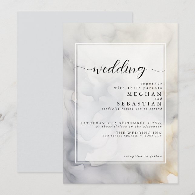 Elegant Grey and Pale Gold Soft Cloud Invitation (Front/Back)