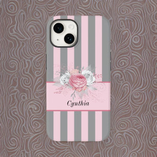 Elegant Grey and Pink Stripes and Flowers Case-Mate iPhone 14 Case