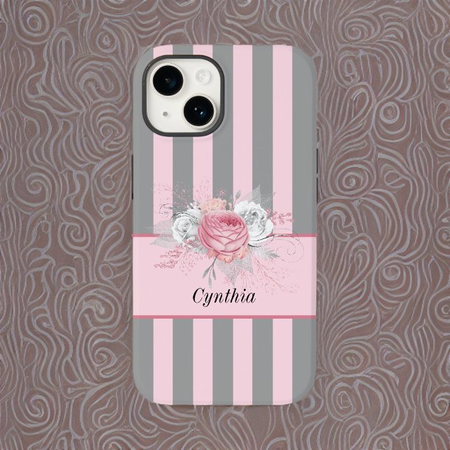 Elegant Grey and Pink Stripes and Flowers Case-Mate iPhone Case (Creator Uploaded)