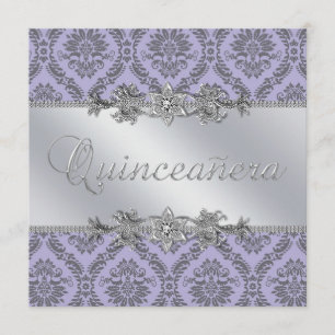 Elegant Grey and Purple Damask Quinceanera Invitation