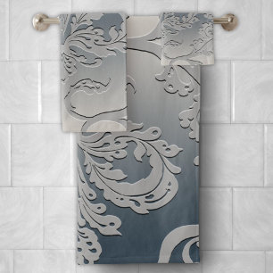 Elegant Grey and Taupe Royal Damask Bath Towel Set