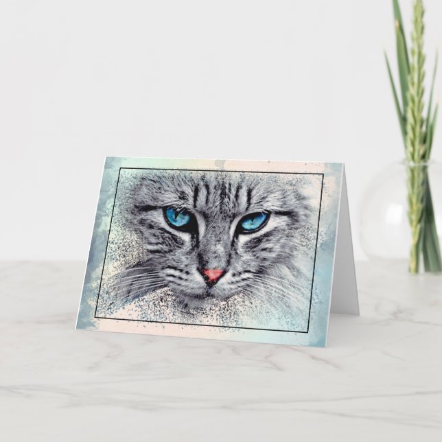 Elegant Grey and White Cat with Blue Eyes Card (Front)