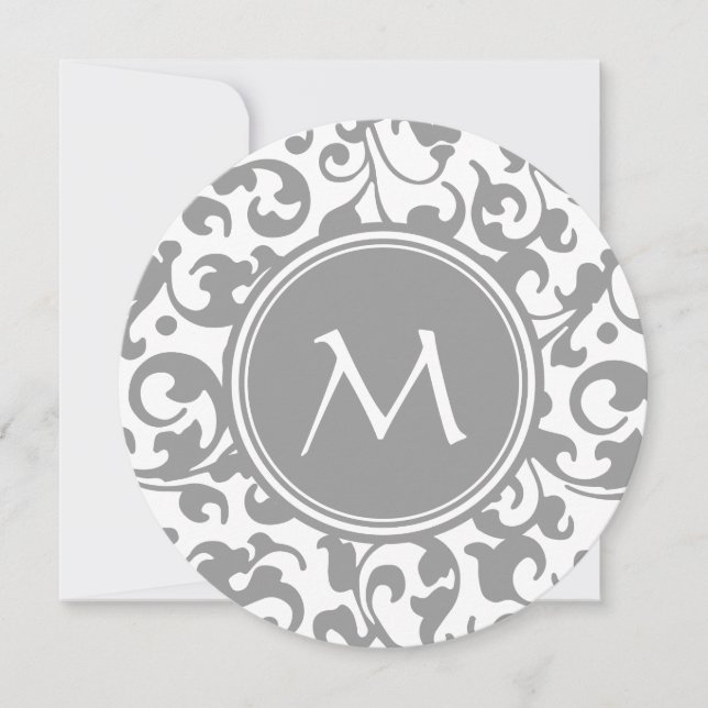 Elegant Grey and White Damask Scroll Monogram Invitation (Front)