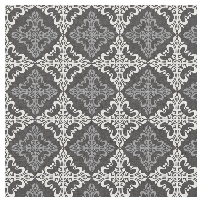 Elegant Grey And White Fleur De Lis Pattern Fabric (Close Up)