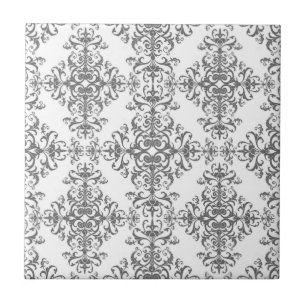 Elegant Grey and White Floral Damask Victorian Art Ceramic Tile
