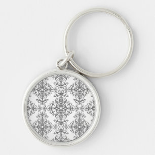 Elegant Grey and White Floral Damask Victorian Art Key Ring