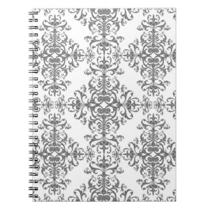 Elegant Grey and White Floral Damask Victorian Art Notebook