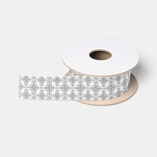 Elegant Grey and White Floral Vintage Style Damask Satin Ribbon