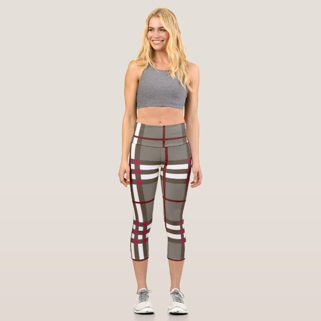  Elegant Grey and White High Waist Plaid  Leggings (Front)
