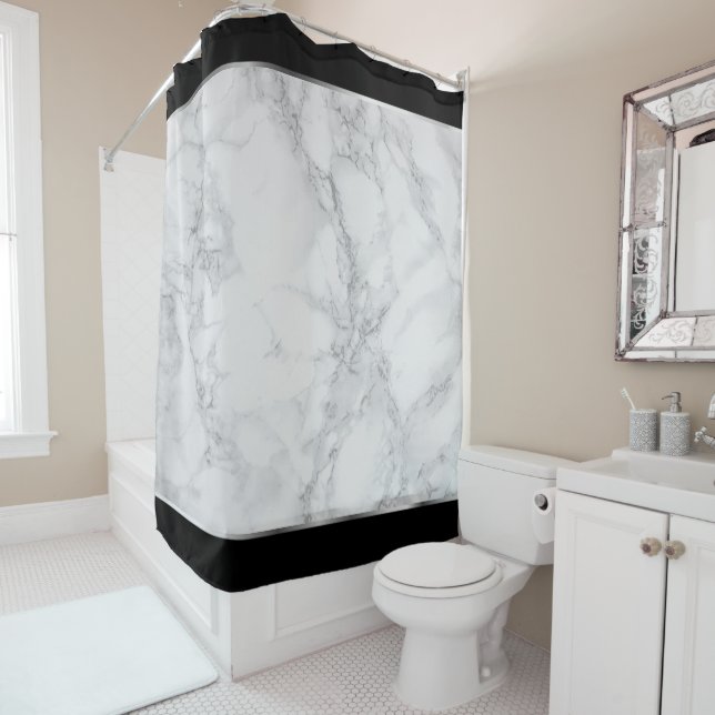 Elegant Grey and White Marble with Silver Accents Shower Curtain (In Situ)