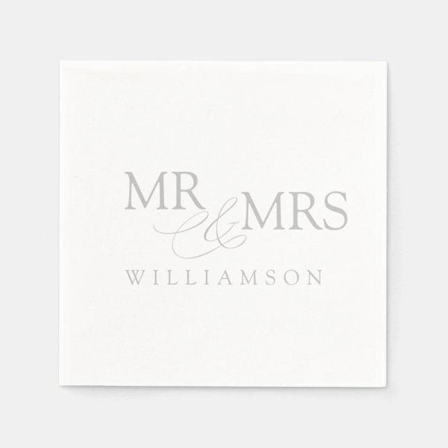Elegant Grey and White Mr & Mrs Name Napkins (Front)