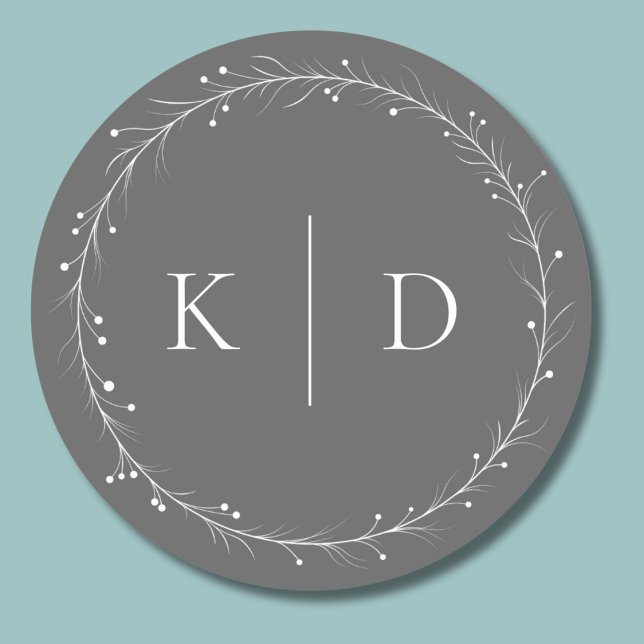 Elegant Grey and White Vine Wreath Monogram  Classic Round Sticker (Creator Uploaded)