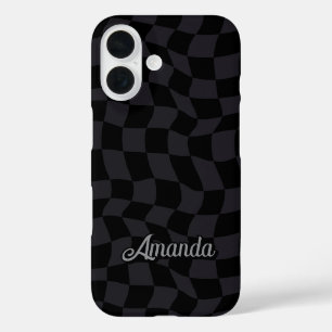 Elegant grey black checkered monogram iPhone 16 case