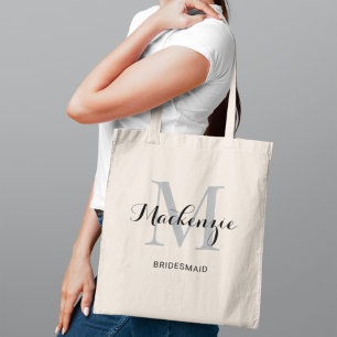Elegant Grey Black Custom Wedding Bridesmaid Name Tote Bag