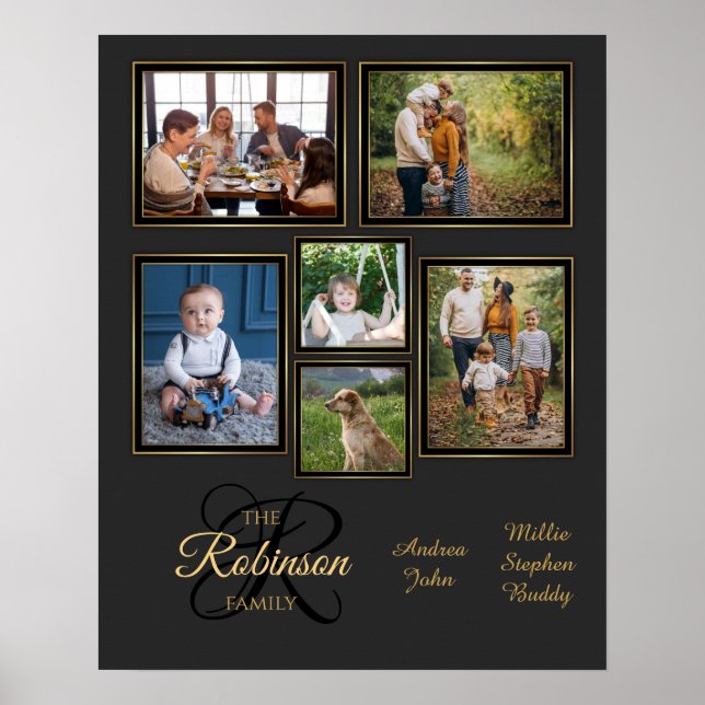 Elegant Grey Black Gold Photo Collage Family Name Poster (Front)