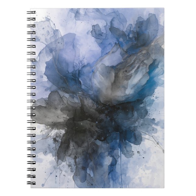 Elegant Grey & Blue Abstract Flower  Notebook (Front)