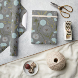 Elegant Grey Blue Dandelion Floral Pattern Wrapping Paper