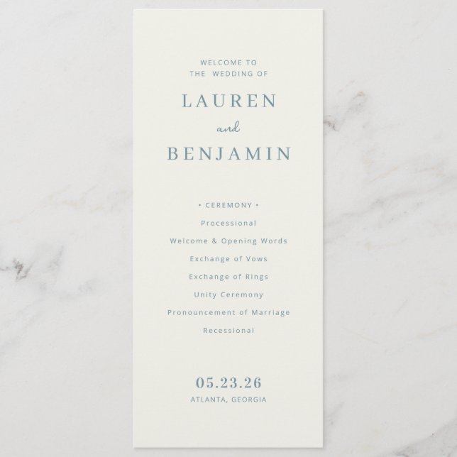 Elegant Grey-Blue Minimalist Wedding Ceremony Program (Front)