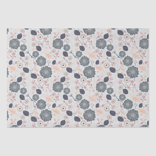 Elegant Grey Blue Peach Floral Pattern Tissue Paper (Front)