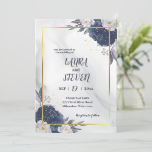 Elegant Grey Blue Peonies All In One Wedding Invitation