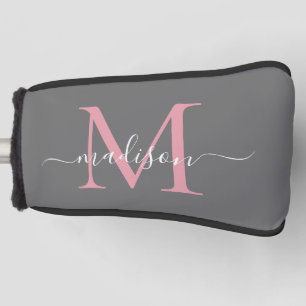 Elegant Grey Blush Pink Monogram Feminine Script Golf Head Cover