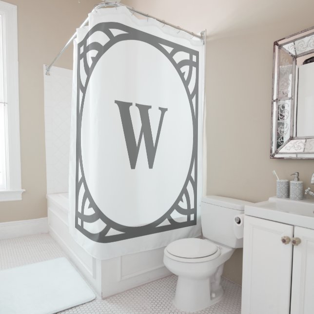Elegant Grey Border Monogram Shower Curtain (In Situ)