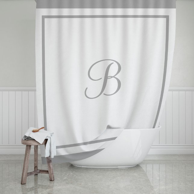 Elegant Grey Border Script Monogram Letter Shower Curtain (Creator Uploaded)