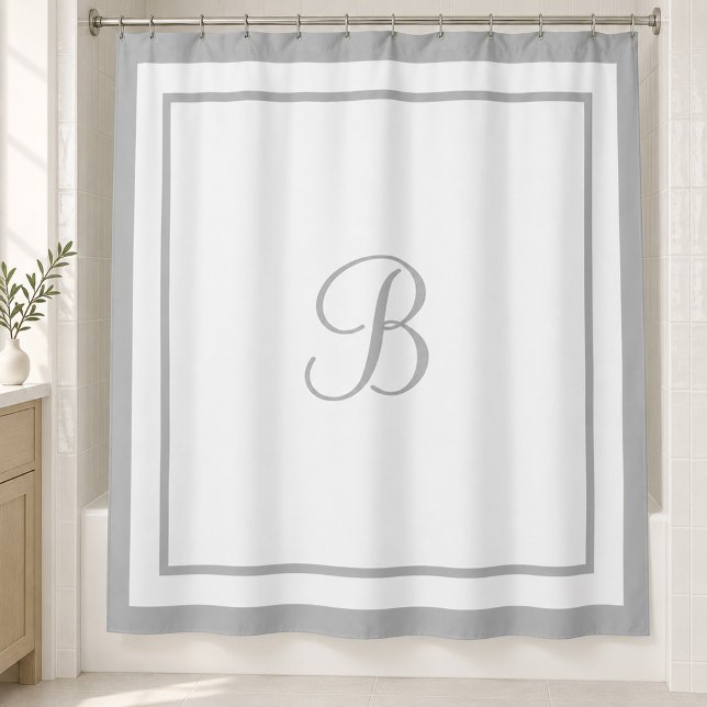 Elegant Grey Border Script Monogram Shower Curtain (Creator Uploaded)