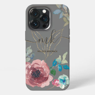 Elegant Grey Botanical Floral Roses Monogram Name iPhone 13 Pro Case