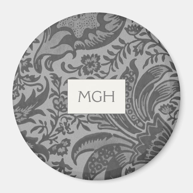 Elegant Grey Botanical Pattern Monogram Magnet (Front)
