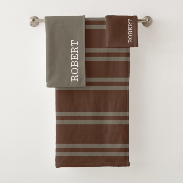 Elegant Grey &Brown Strips Pattern Custom Name Bath Towel Set (Insitu)
