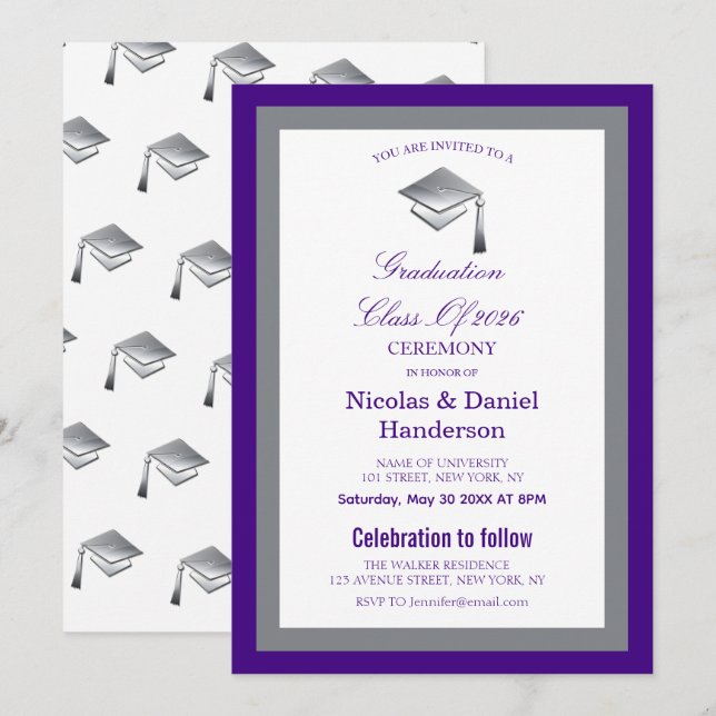 Elegant grey caps graduation ceremony invitation (Front/Back)