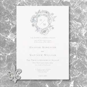 Elegant Grey Chinoiserie Bird & Crest Wedding Invitation