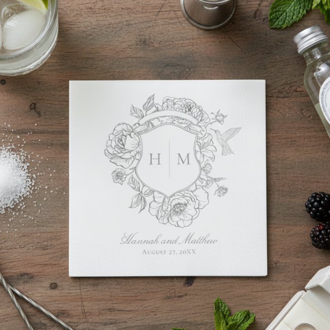 Elegant Grey Chinoiserie Bird Crest Wedding Napkin (Creator Uploaded)