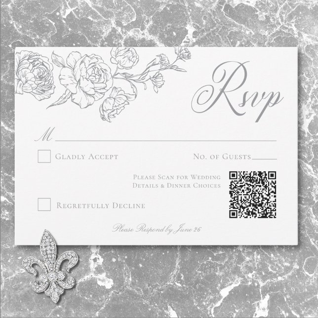 Elegant Grey Chinoiserie Bird & Crest Wedding QR RSVP Card (Elegant Gray Chinoiserie Bird & Crest Wedding QR RSVP Card)