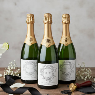 Elegant Grey Chinoiserie Bird Crest Wedding Sparkling Wine Label