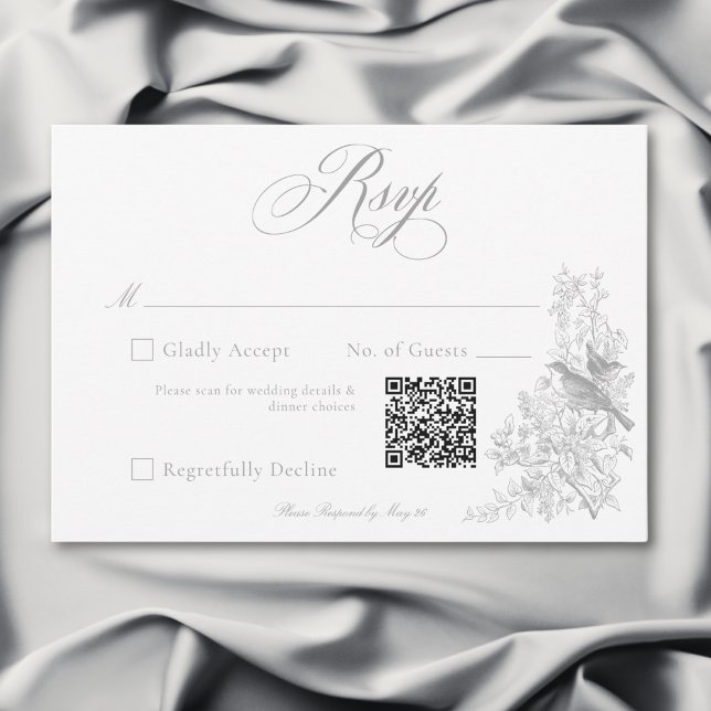 Elegant Grey Chinoiserie Nature & Birds Wedding QR RSVP Card (Elegant Gray Chinoiserie Nature & Birds Wedding QR RSVP Card)