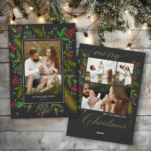 Elegant Grey Christmas Greenery Wreath 4 Photo Holiday Card