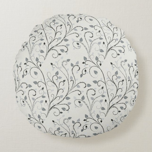 Elegant grey contrast leaf pattern round cushion (Front)