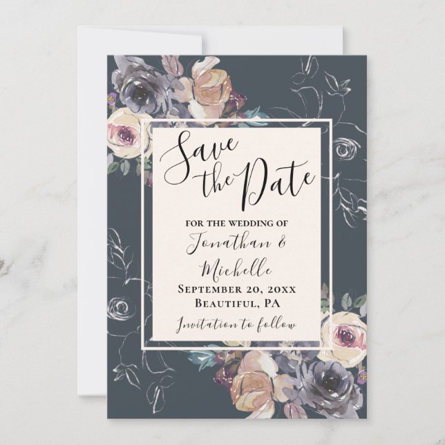 Elegant Grey Cream Floral Navy Background Wedding Save The Date (Front)