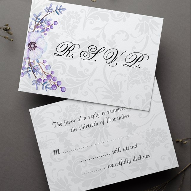 Elegant Grey Damask and Purple Floral Wedding RSVP (Creator Uploaded)
