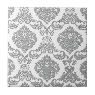 Elegant Grey Damask Pattern Art Tile