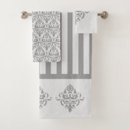 Elegant Grey Damask Simple Stripe Pattern Bath Towel Set