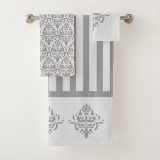 Elegant Grey Damask Simple Stripe Pattern Bath Towel Set