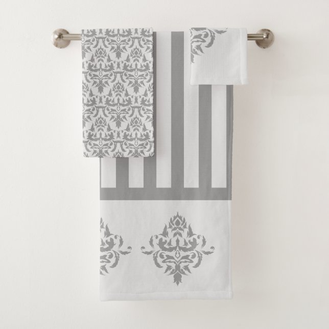 Elegant Grey Damask Simple Stripe Pattern Bath Towel Set (Insitu)