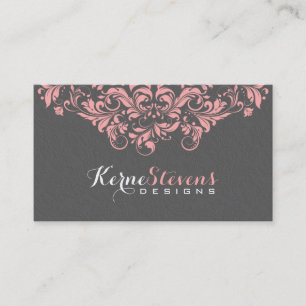 Elegant Grey Damasks & Pink Lace Swirls Business Card