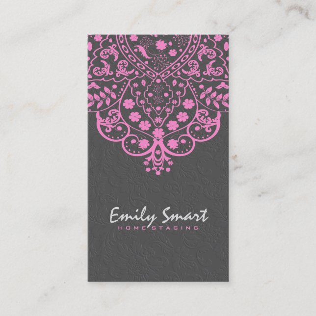 Elegant Grey Damasks Pink Vintage Lace Business Card (Front)